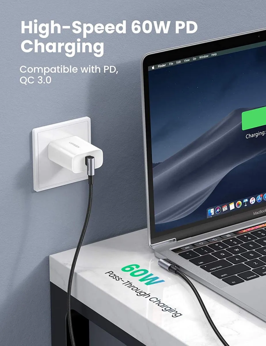 UGREEN USB-C Haakse Kabel 1m - Grijs