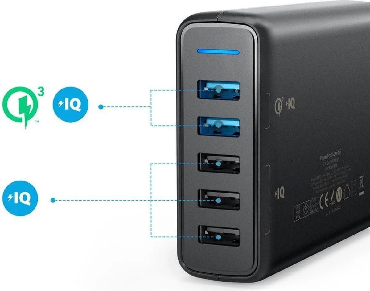 Anker PowerPort Speed 5 A2054L11 Thuislader 63W - 5 Poorten