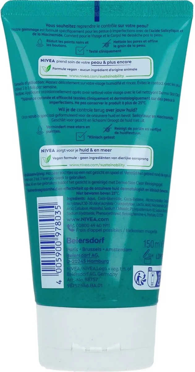 NIVEA DERMA Skin Clear Gezichtscrub 150ml - Salicylzuur & Niacinamide - afbeelding 6 van 6