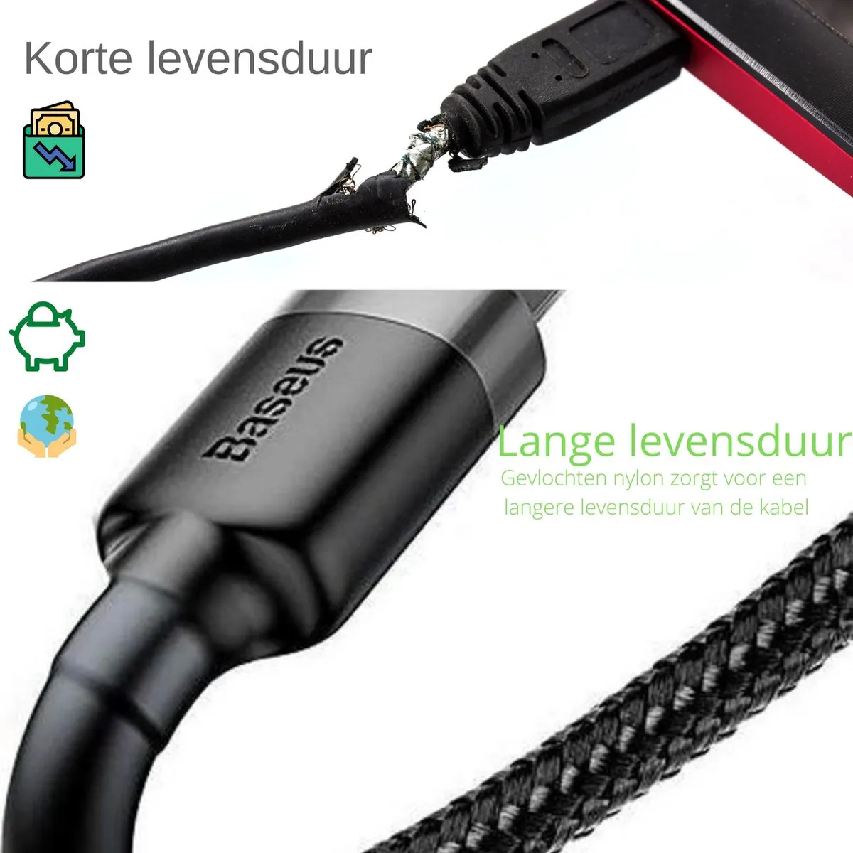 Baseus USB-C Oplaadkabel 3m - Gevlochten Nylon - Zwart