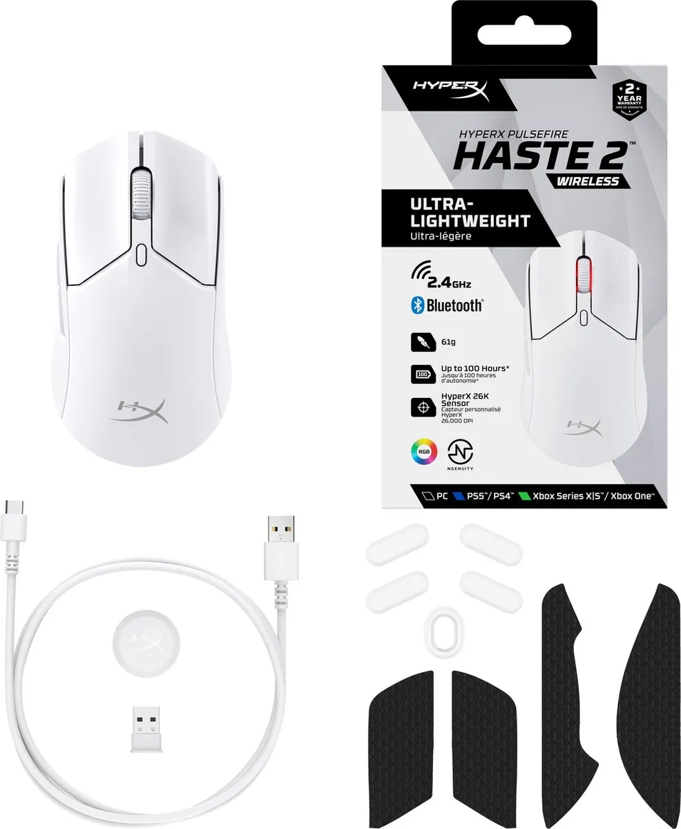 HyperX Pulsefire Haste 2 - Draadloze Gaming Muis - PC, PS5, PS4, Xbox Series X|S & Xbox One - Wit