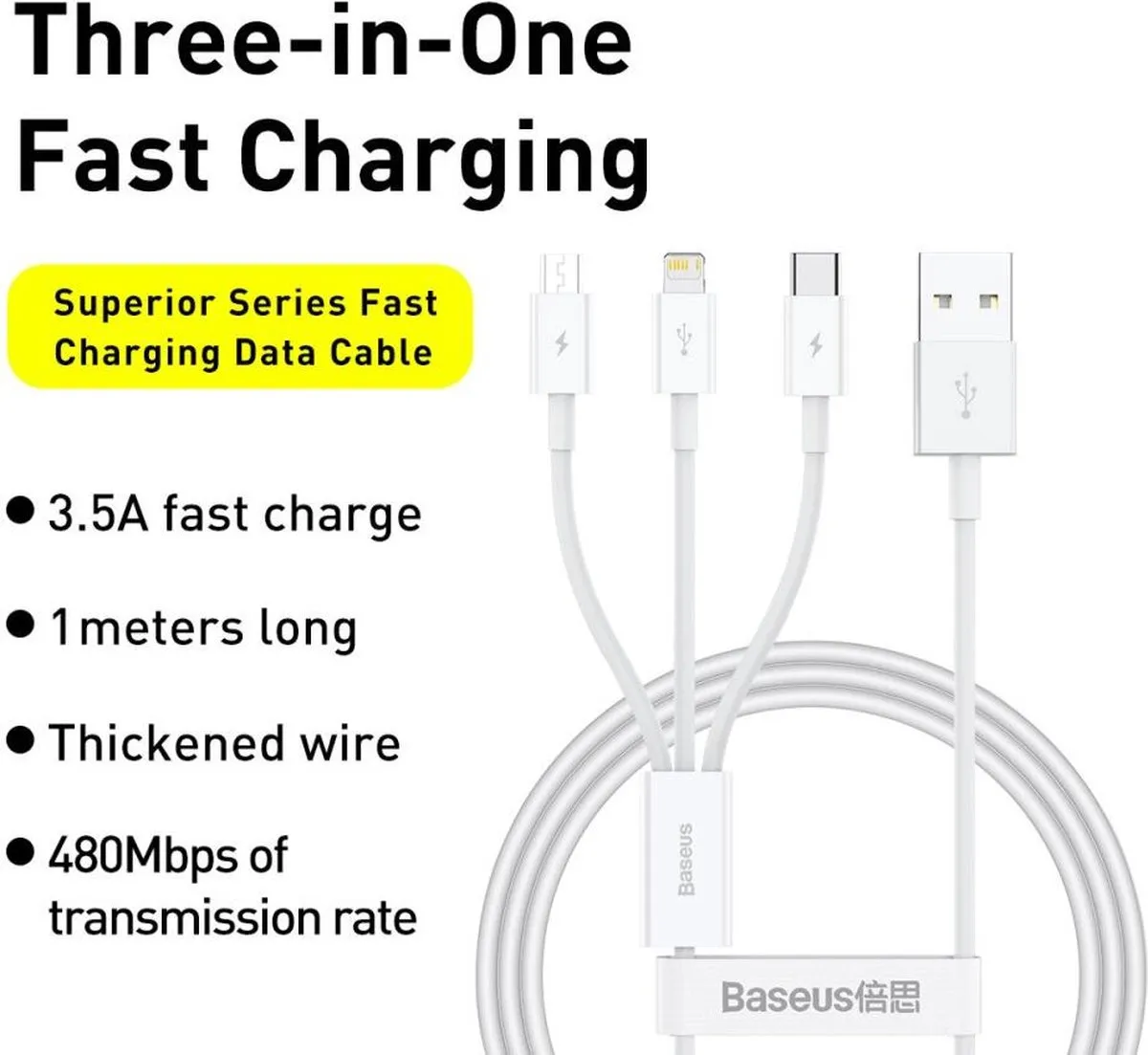 Baseus Superior 3-in-1 Kabel 1M - Wit