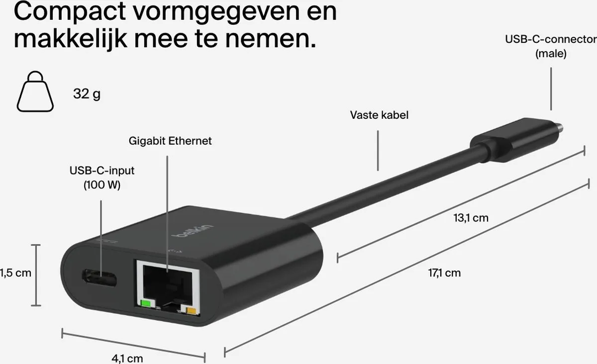 Belkin Connect USB-C/Ethernet- en Oplaadadapter 100W 1000 Mbit/s - Zwart