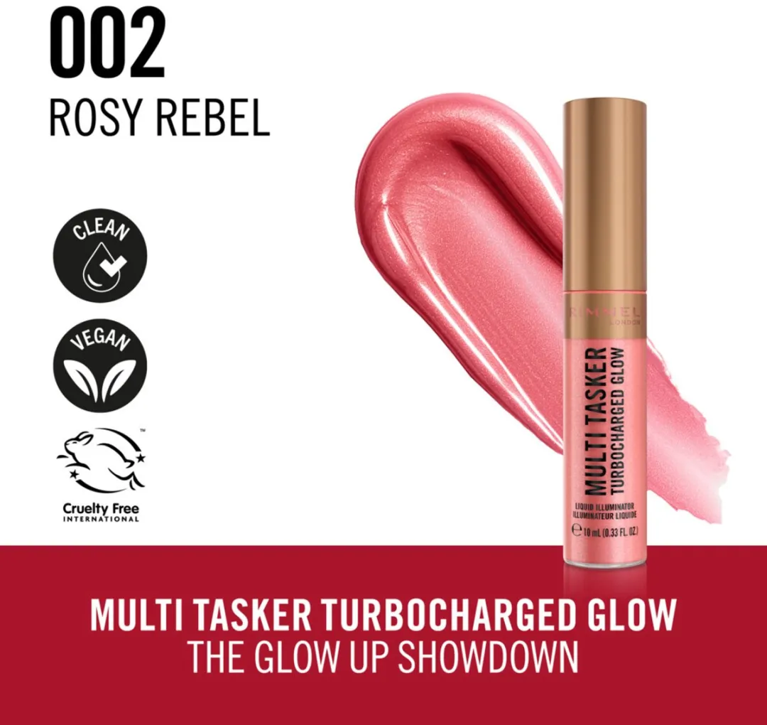 Rimmel London Multi Tasker Turbocharged Glow Liquid Illuminator 002 Rosy Rebel - 10ml - afbeelding 6 van 6