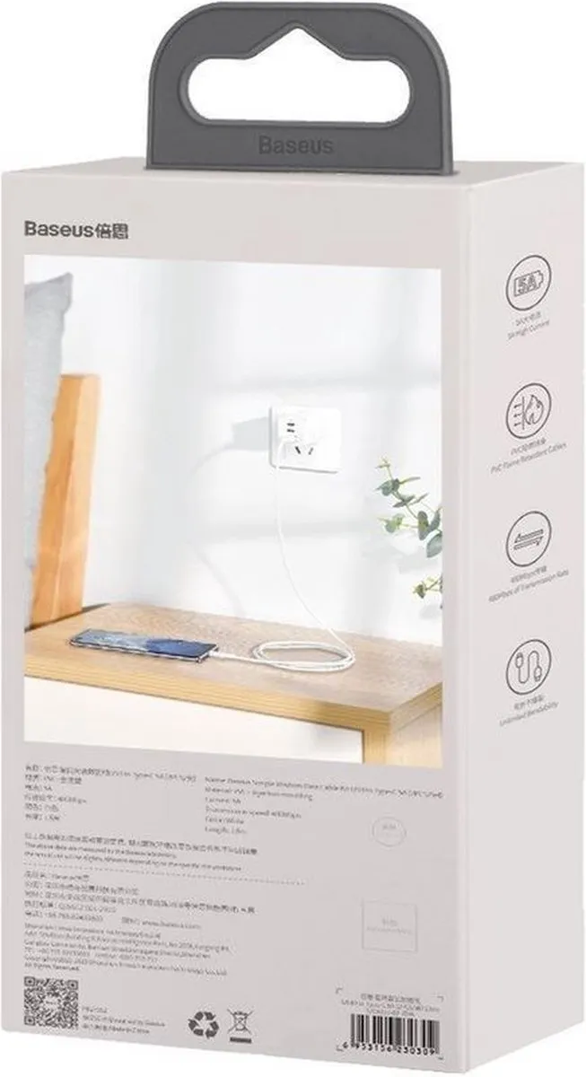 Baseus USB naar USB-C Kabel TZCATZJ-02 Power Delivery - 1.5m - Wit
