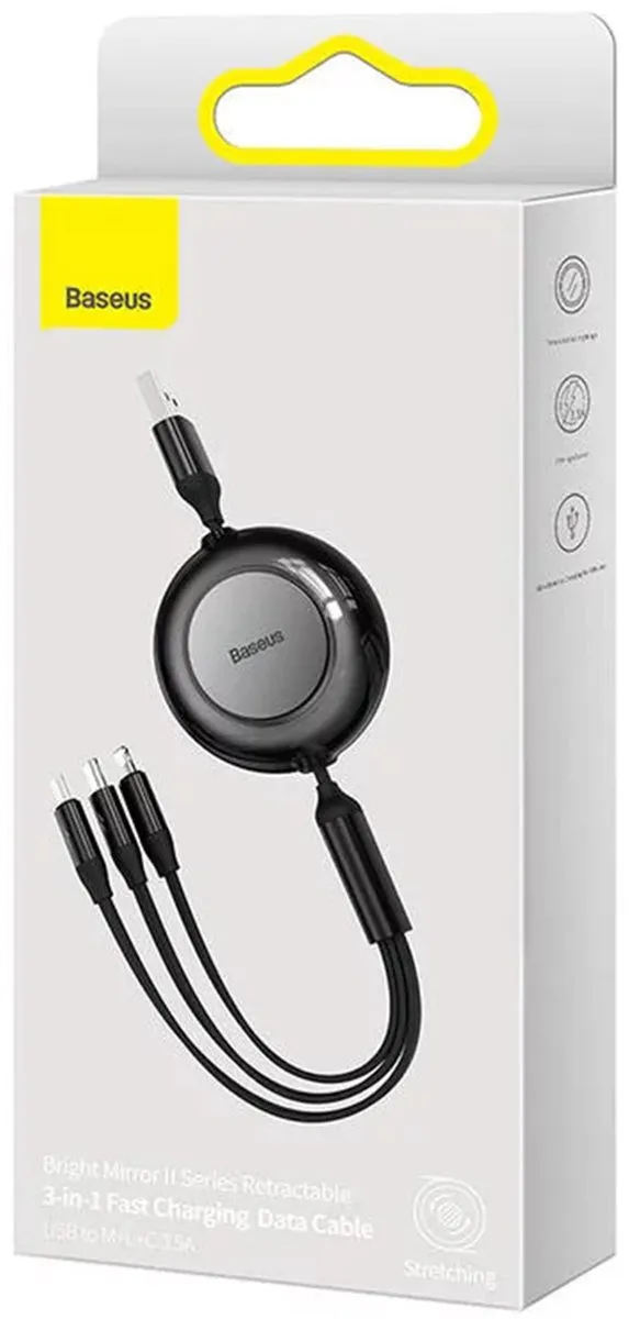 Baseus Bright Mirror 2 CAMJ010001 Oprolbare Kabel - USB-A/USB-C/Lightning/Micro USB - Zwart