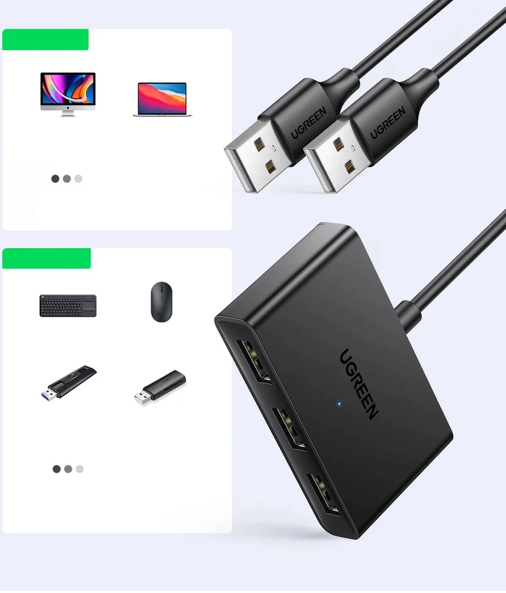UGREEN CM409 Schakelaaradapter USB - 2 Ingangen 3 Uitgangen - Zwart