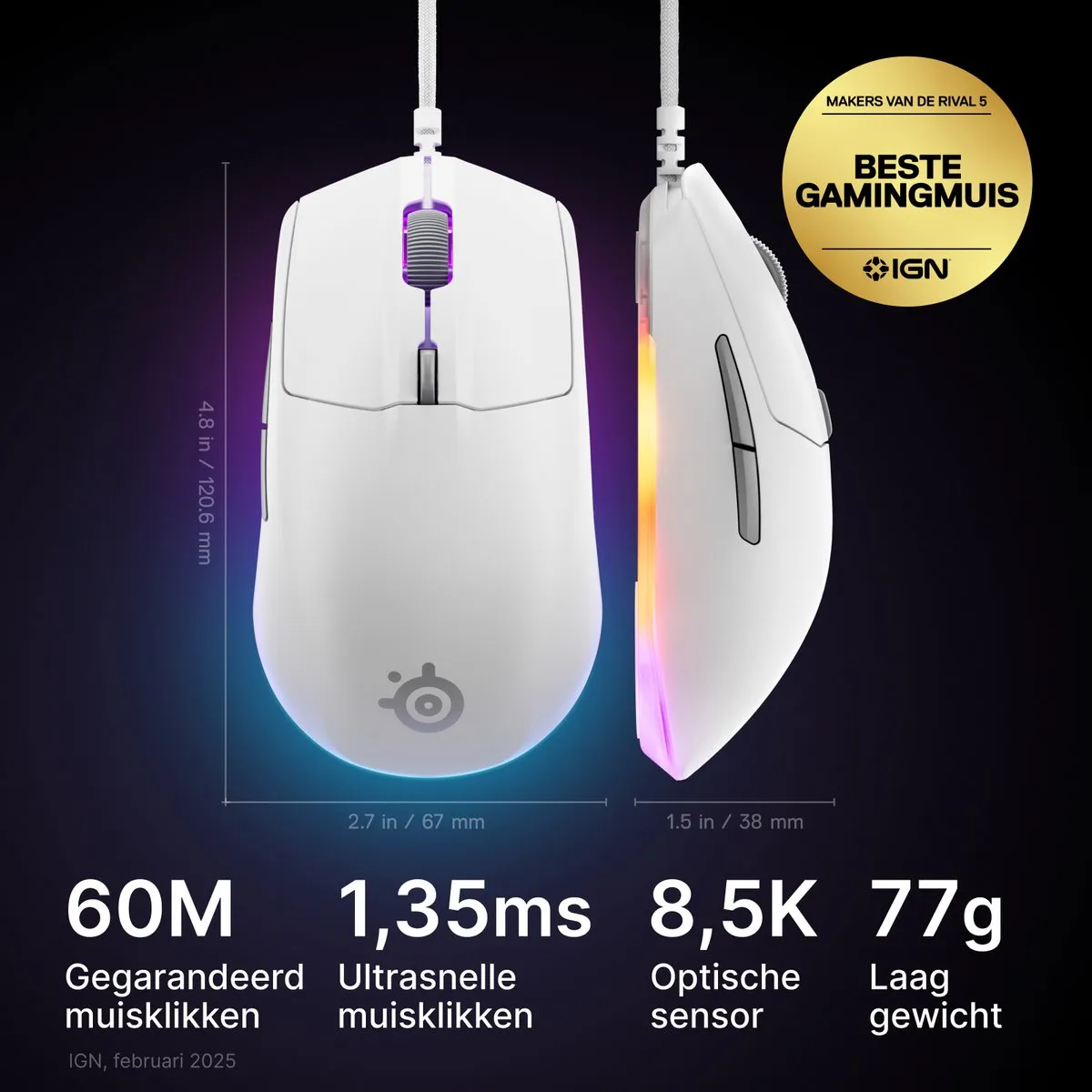 SteelSeries Rival 3 Gen 2 Gamingmuis 62516 - Wit - 8500DPI