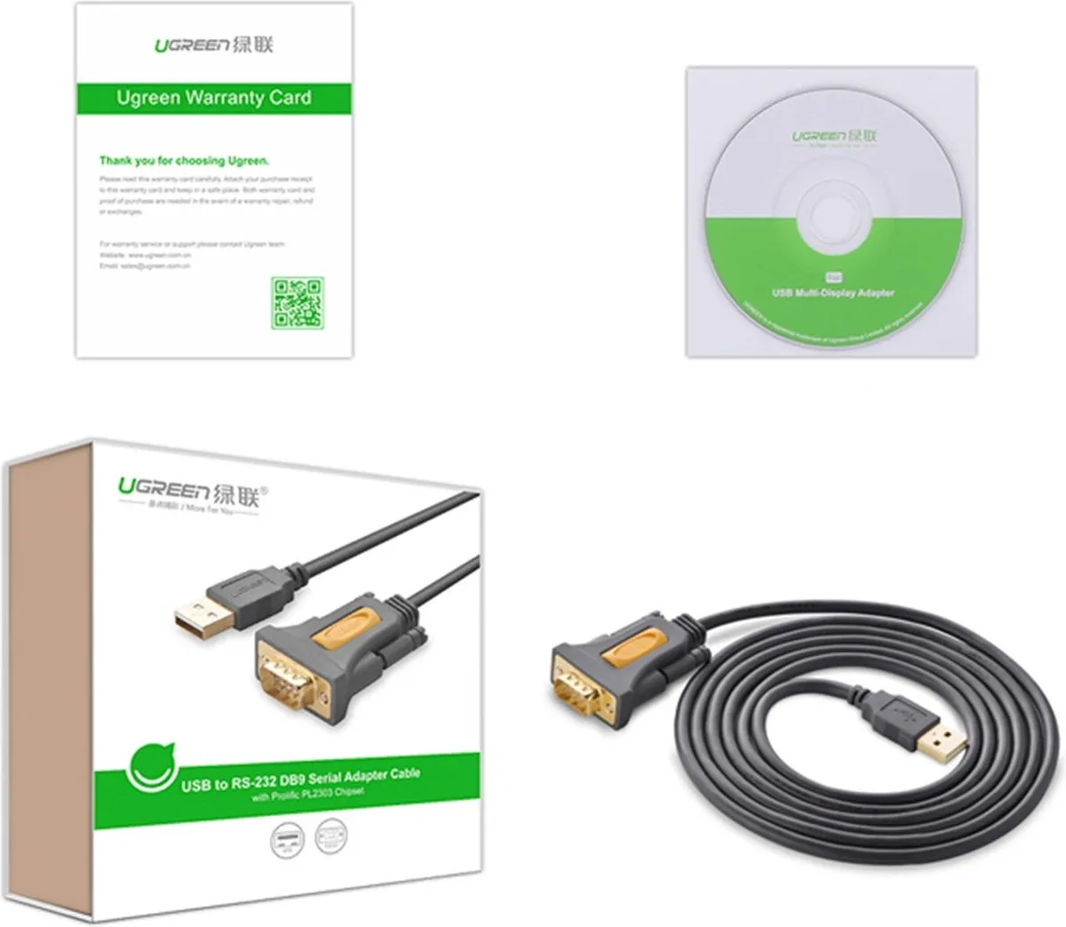 UGREEN USB-A naar DB9 RS-232 Adapterkabel 1,5m - Grijs