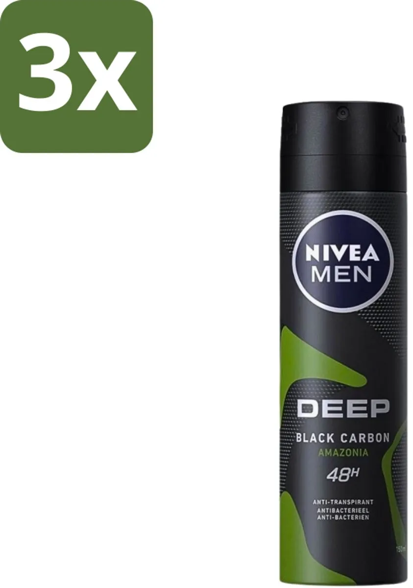 NIVEA Men Deep Black Carbon Amazonia Deo Spray - 450ml (3x150ml)