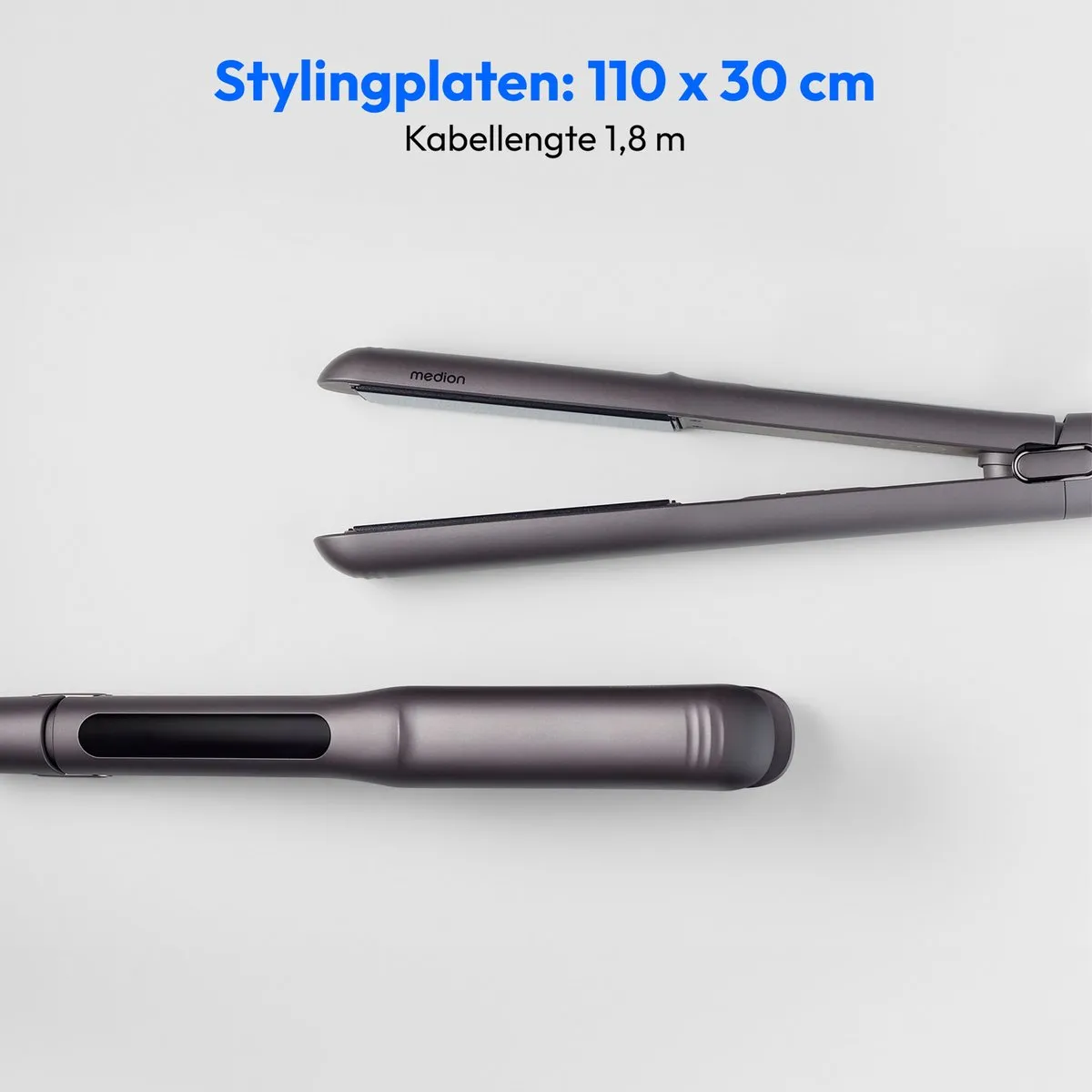 MEDION HS1 stijltang met display (5 instelbare warmtestanden, flexibele keramische/tourmaline verwarmingsplaten met temperatuursensor, stijltang) grijs