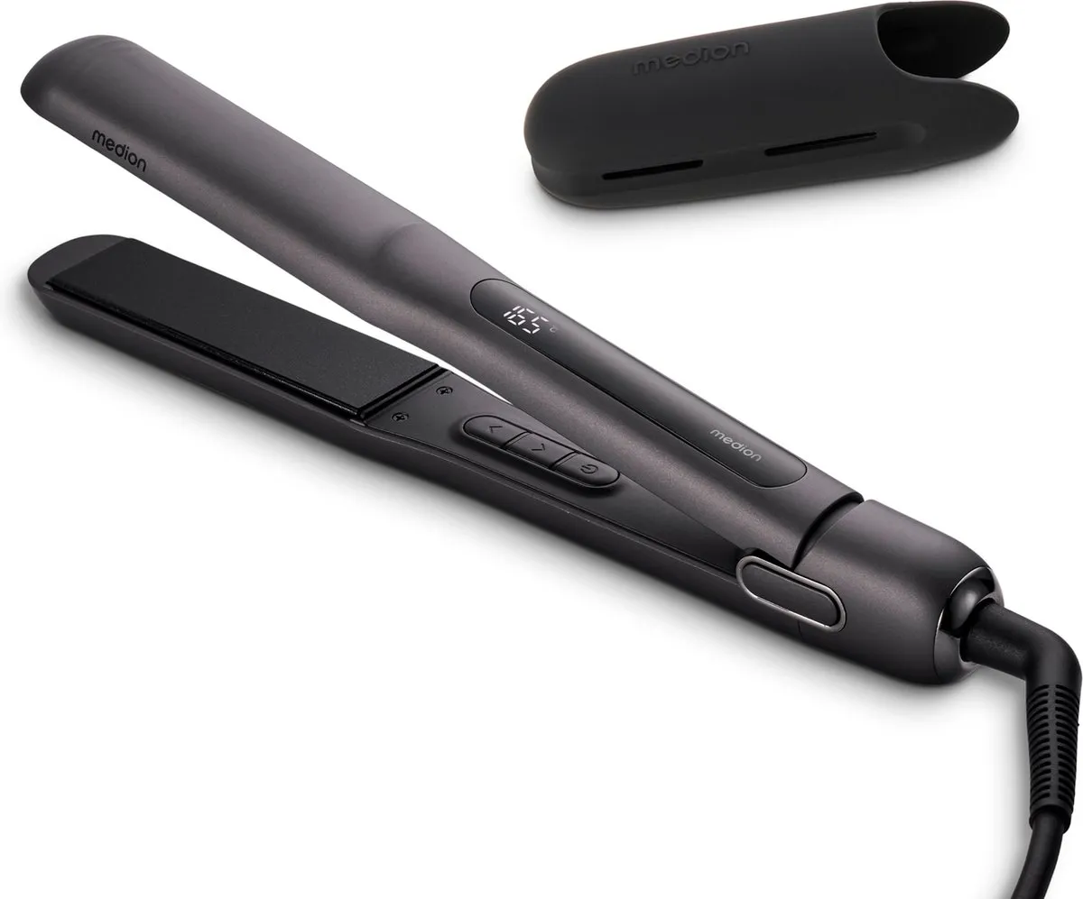 MEDION HS1 stijltang met display (5 instelbare warmtestanden, flexibele keramische/tourmaline verwarmingsplaten met temperatuursensor, stijltang) grijs