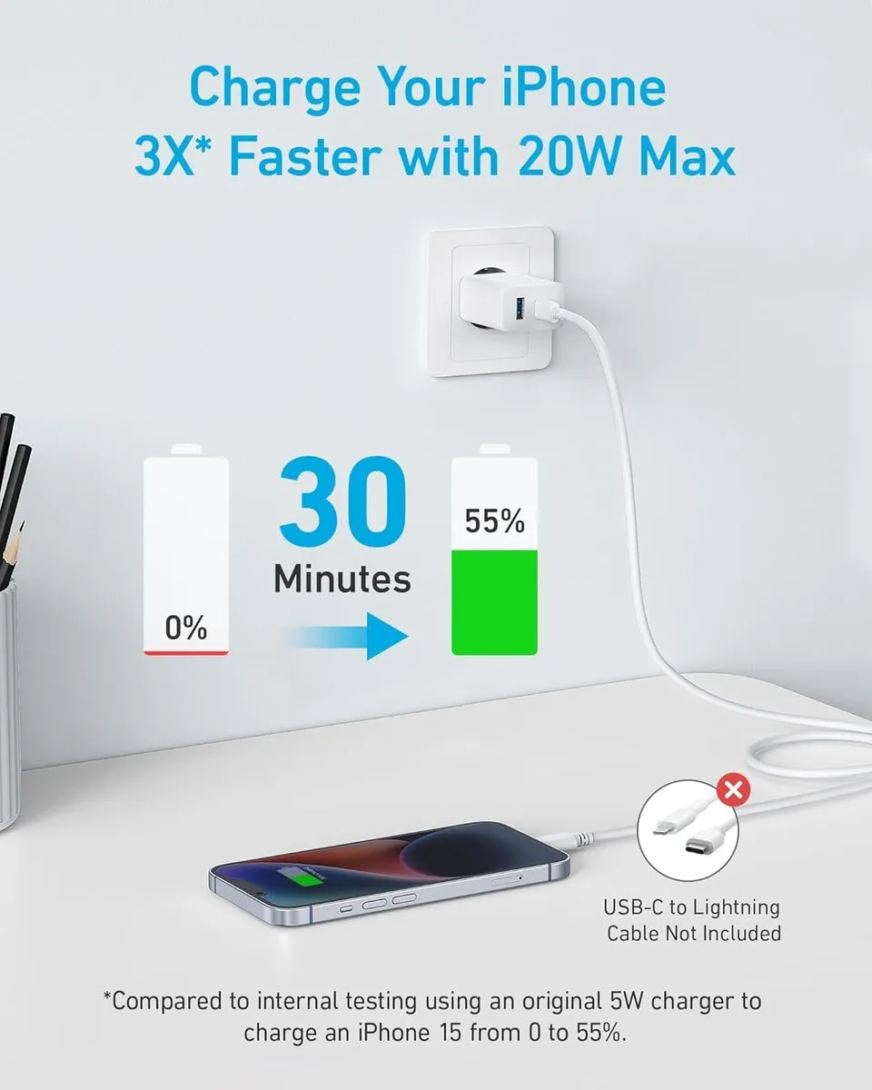 Anker 2-Port USB-C Oplader 20W - 2x Oplader + 2x Kabel 1,5m Wit - afbeelding 6 van 6