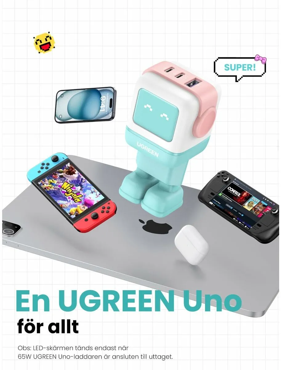 Ugreen Nexode RG Wandlader 65W - 2x USB-C + USB - Roze/Blauw