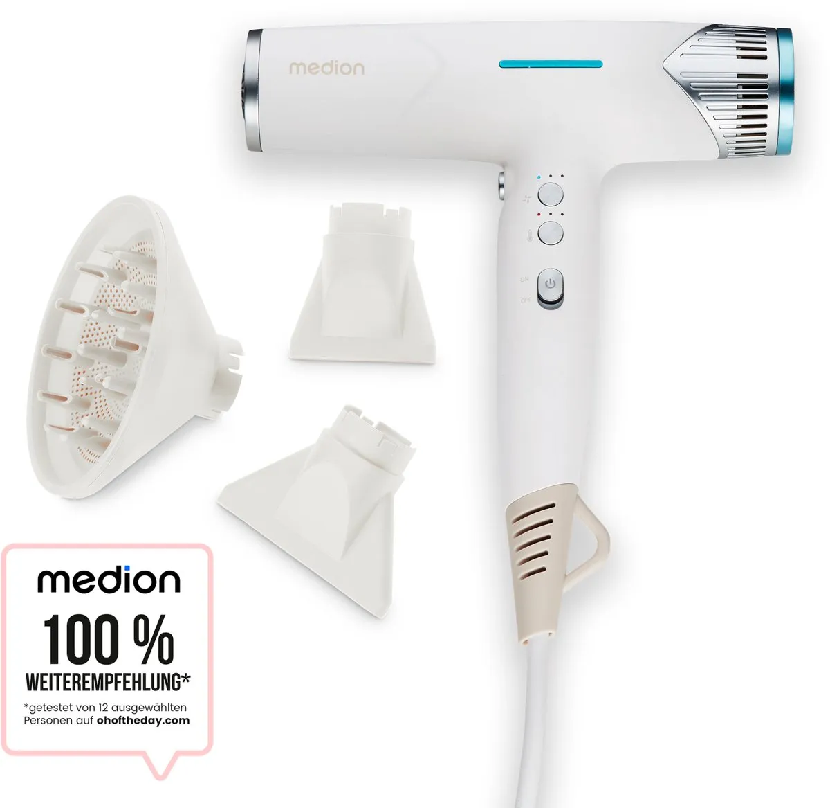 Medion HD2 Haardroger 1500W - 3 Snelheden/Warmte - BLDC Motor - Wit