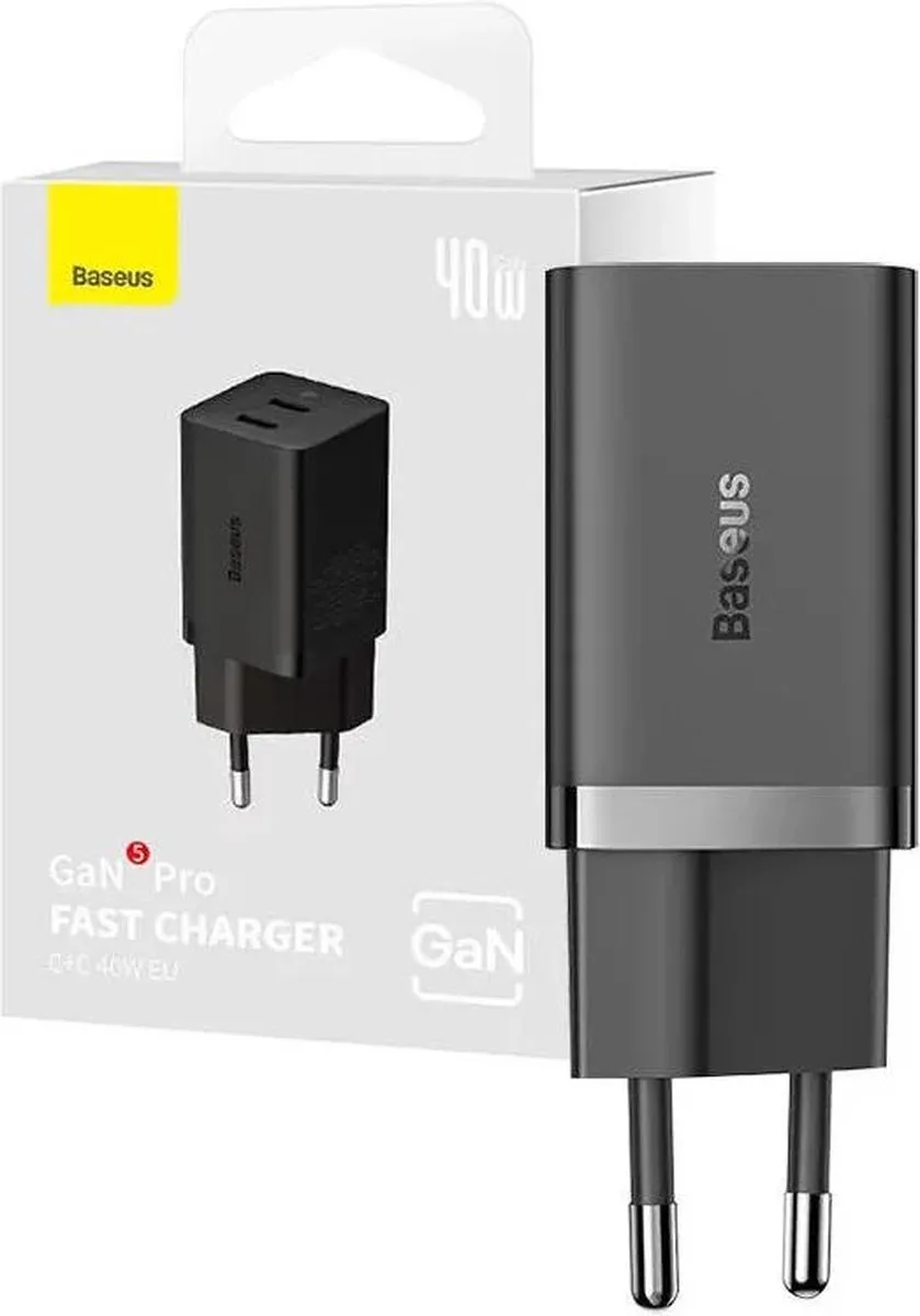 Baseus GaN5 Pro CCGP180101 USB-C Laadstation 40W - 2x USB-C - Zwart