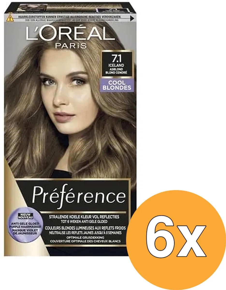 L'Oréal Paris Preference Haarkleuring 7.1 Iceland Cool Blondes - 6 Stuks