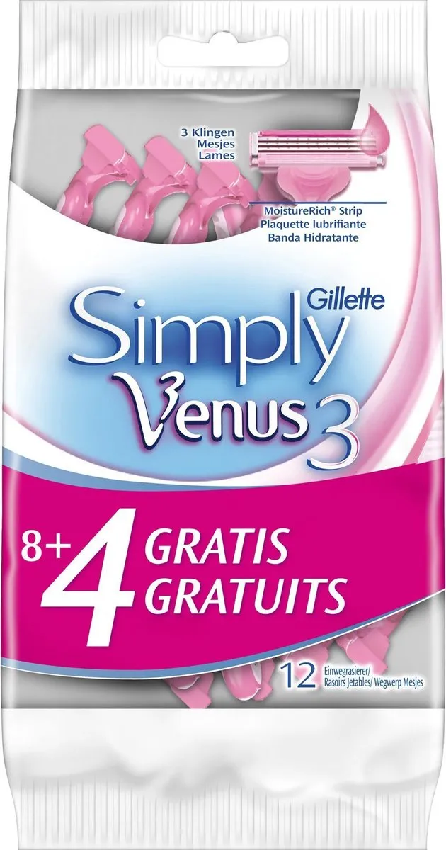 Gillette Venus Simply 3-8+ Roze/Wit/Blauw Wegwerpmesjes - 12 Stuks