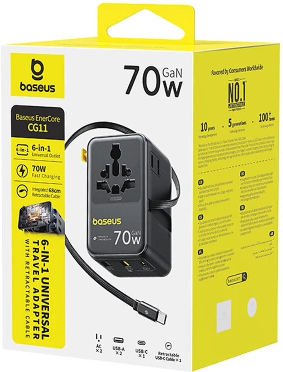 Baseus CG11 Reis Oplader 70W - 5x USB - Zwart - afbeelding 6 van 6