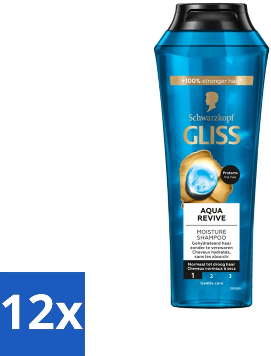 12 x Gliss - Shampoo - Aqua Revive - Voor Hydraterend en Fris Haar - 250 ml - Gliss Aqua Revive - Hydraterende Shampoo - Droog Haar - Beschadigd Haar - Vochtinbrengend