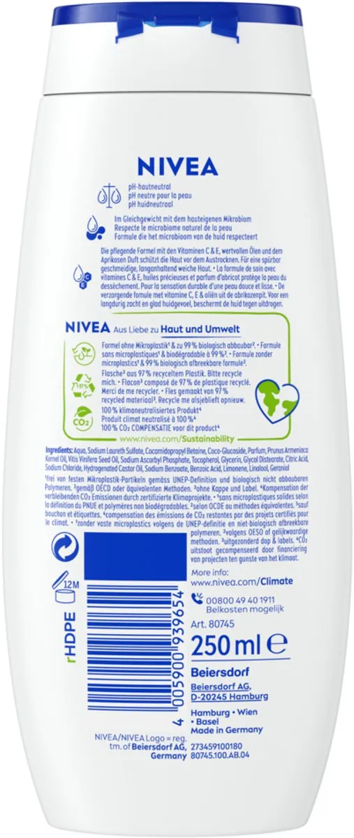 NIVEA Perzik Abrikozenpitolie Douchegel - 6x250ml - afbeelding 6 van 6