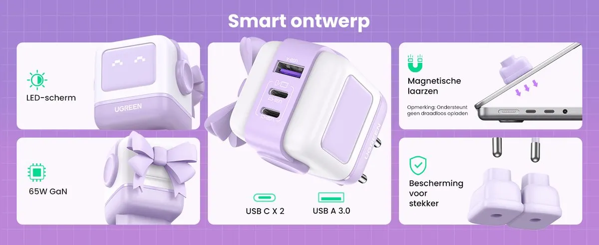 Ugreen Nexode RG 65W Telefoonoplader - 3x USB-C/V - Violet