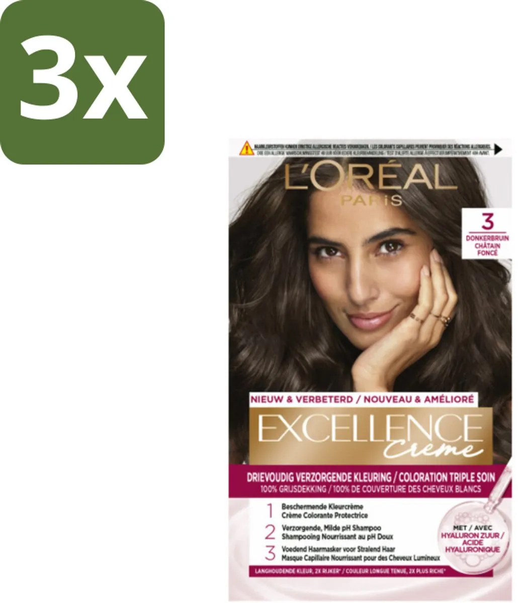 L'Oréal Paris Excellence Crème 3 Donkerbruin - 3 Stuks