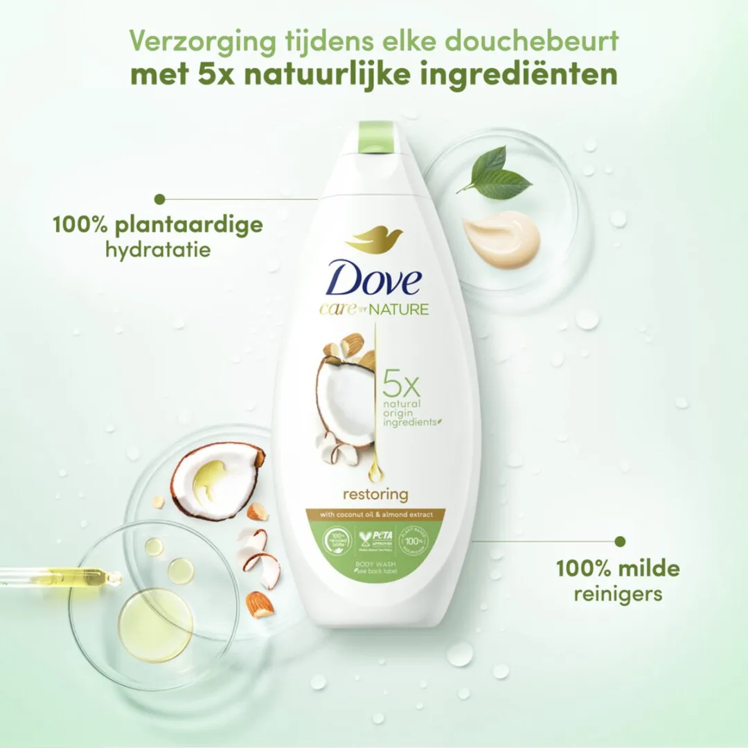Dove Care by Nature Douchegel Restoring - 6x225ml - Kokos & Amandel