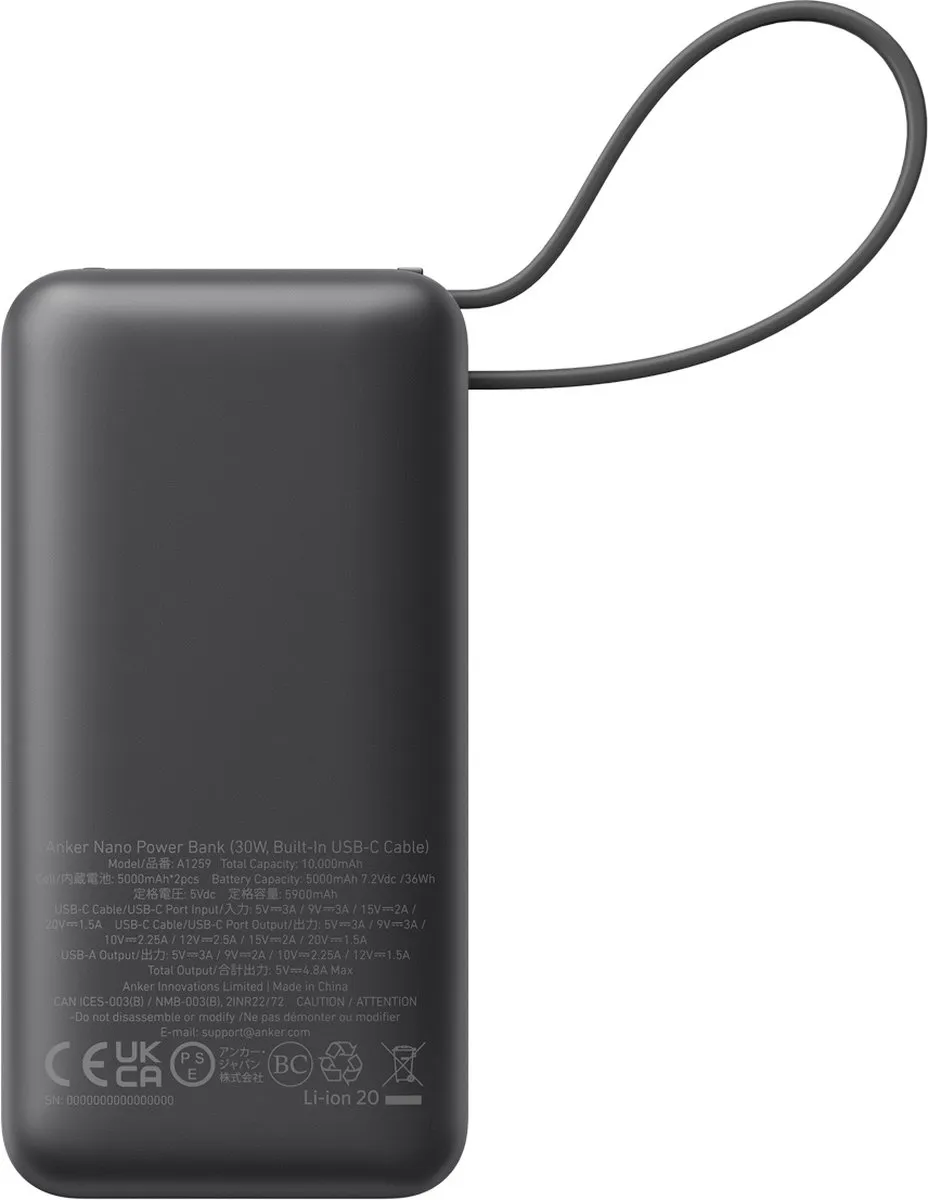 Anker Nano Powerbank A1259G11 - 10.000mAh - PD 30W - Zwart