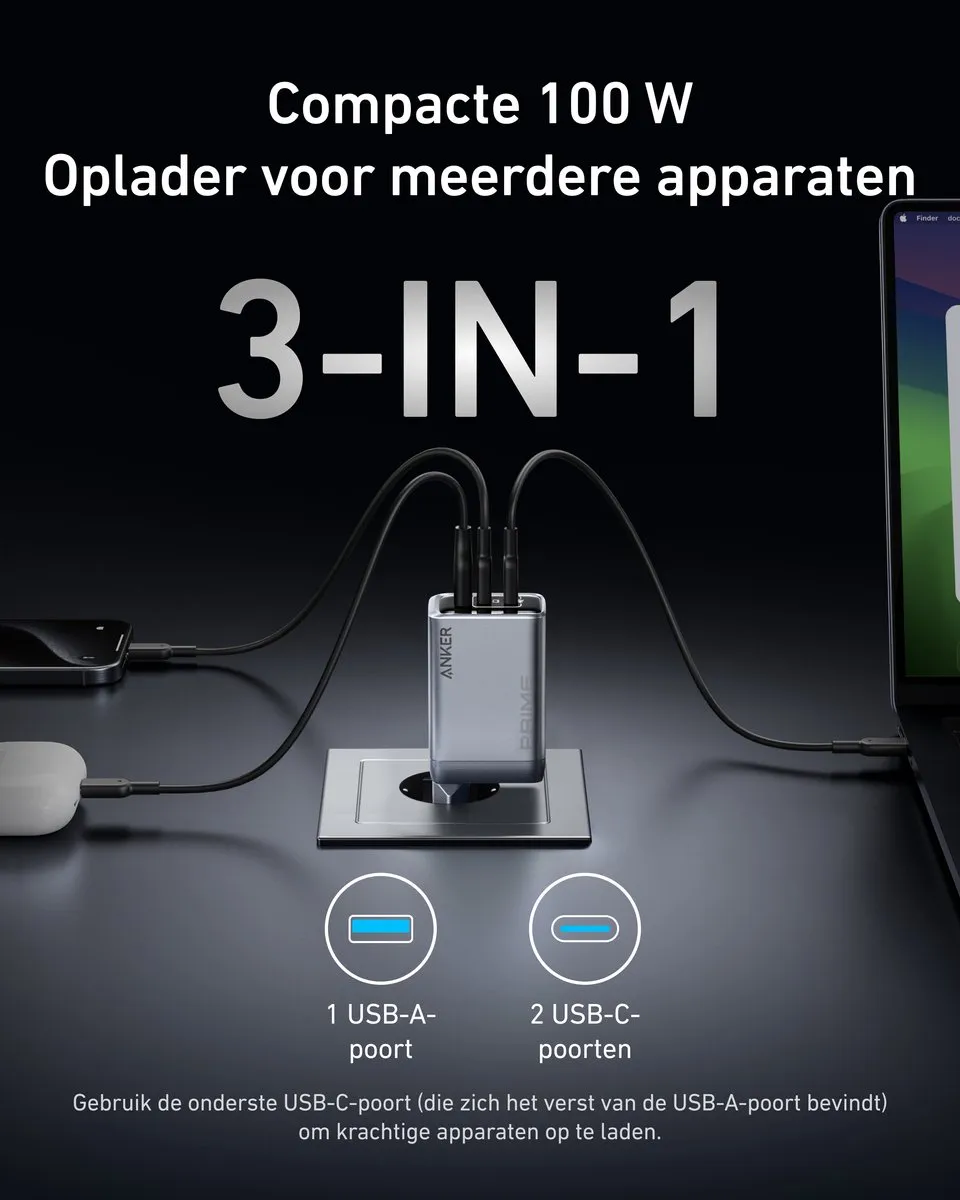Anker Prime A2688341 USB-C Oplader 100W - 3 Poorten - Zilver