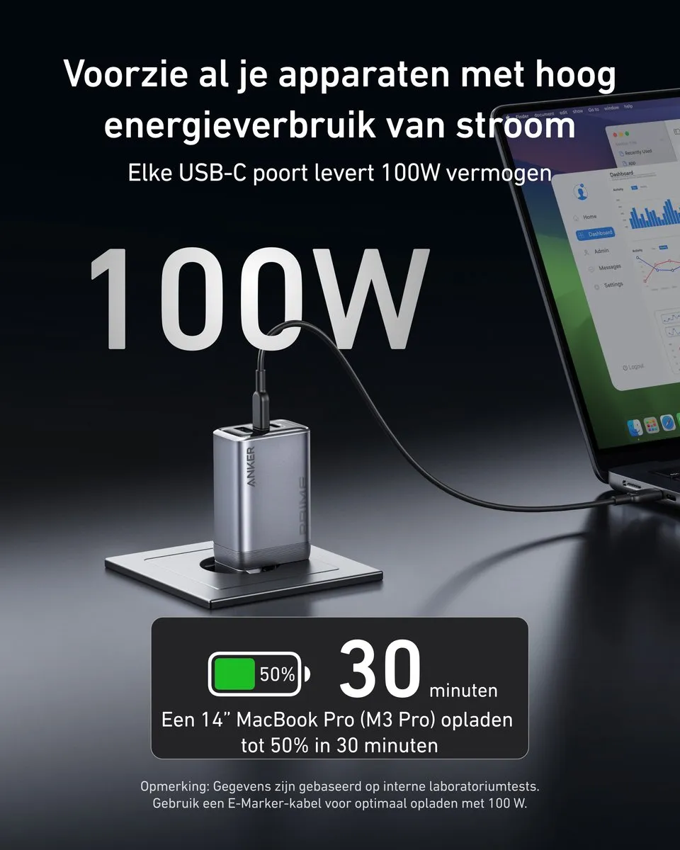 Anker Prime A2688341 USB-C Oplader 100W - 3 Poorten - Zilver