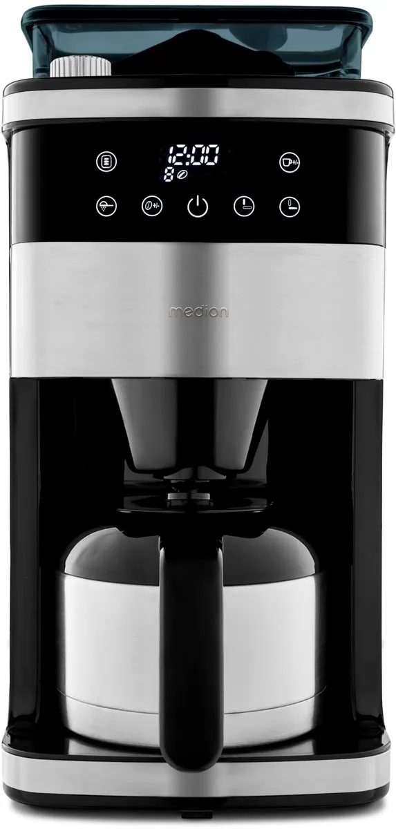 MEDION koffiezetapparaat met molen en thermoskan (1 liter, max. 8 kopjes, 8 maalinstellingen, max. 1000 watt, timer, LED-display, druppelstop, permanent filter, MD19911)