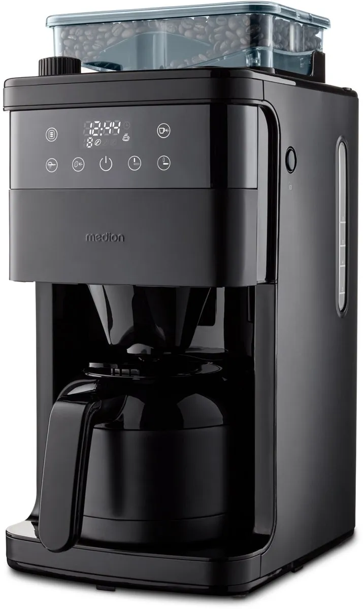 MEDION koffiezetapparaat met molen en thermoskan (1 liter, max. 8 kopjes, 8 maalinstellingen, max. 1000 watt, timer, LED-display, druppelstop, permanent filter, MD19911)