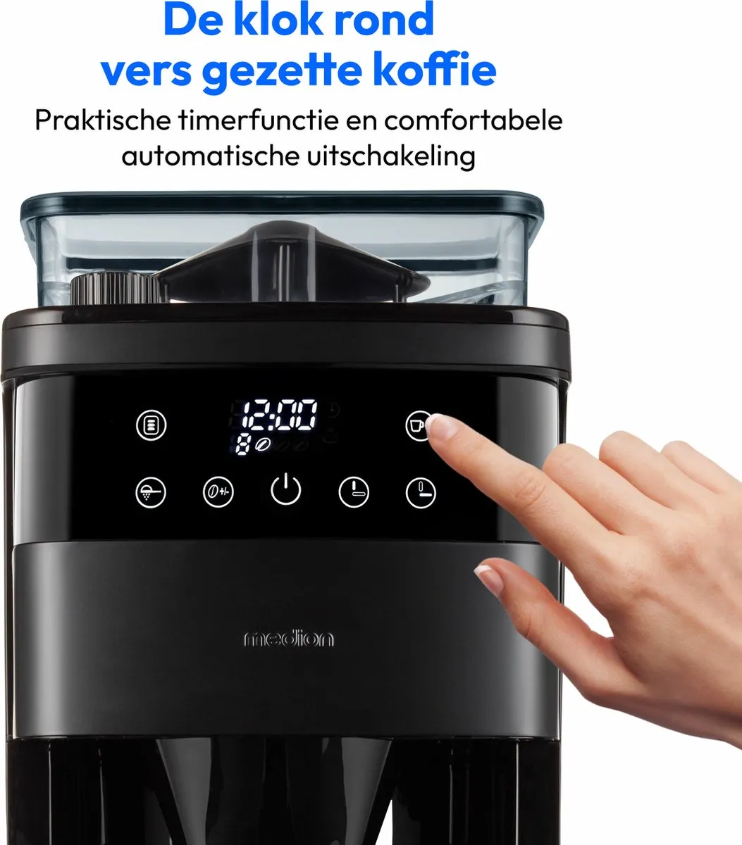 MEDION koffiezetapparaat met molen en thermoskan (1 liter, max. 8 kopjes, 8 maalinstellingen, max. 1000 watt, timer, LED-display, druppelstop, permanent filter, MD19911)