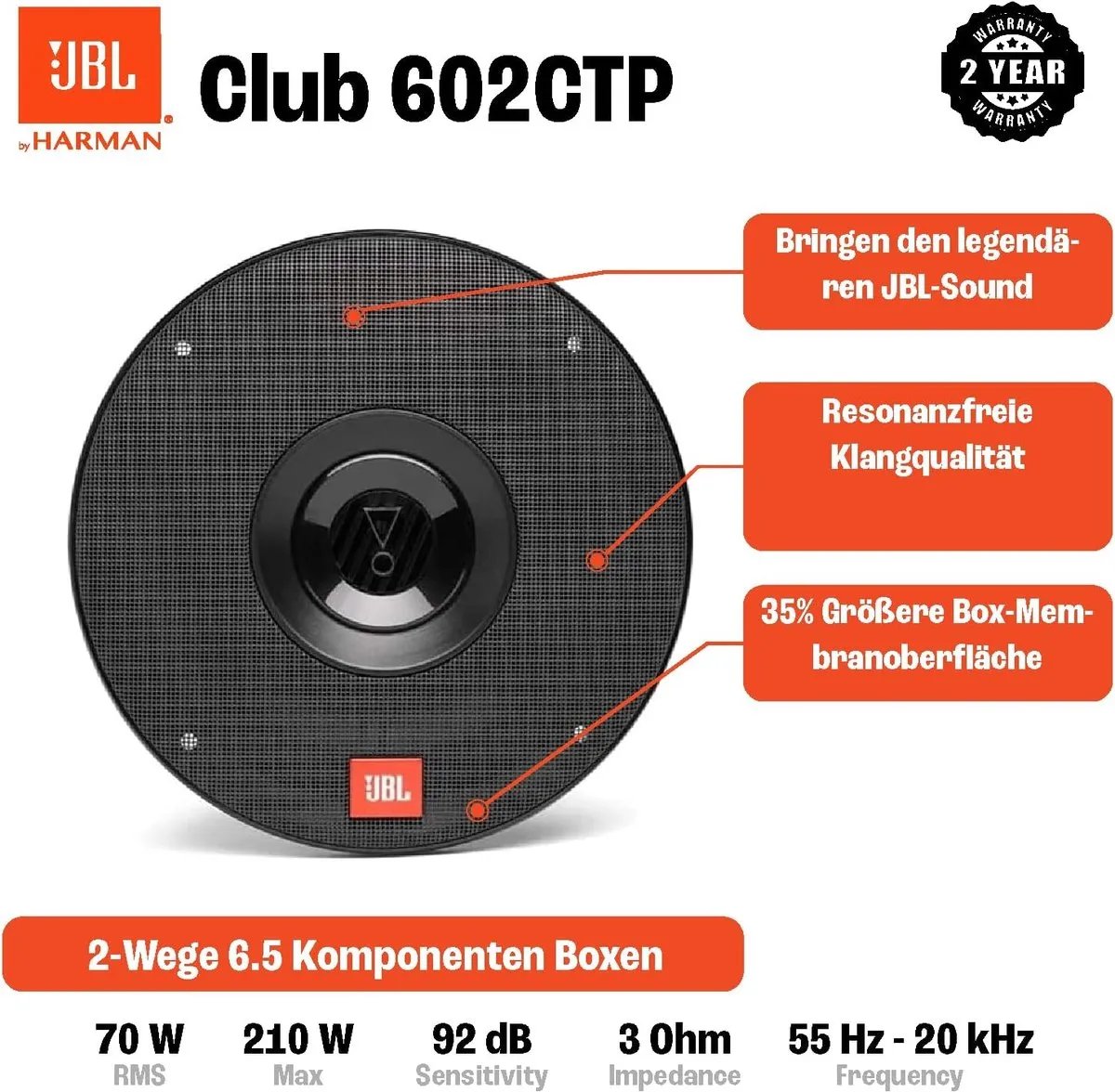 JBL Club 602CTP Autospeakers - 210W - 4 Stuks - Zwart