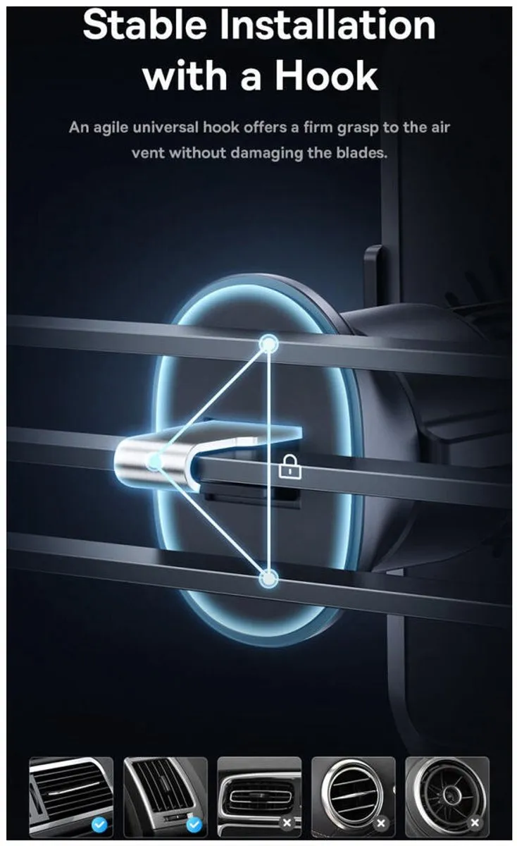 Baseus Halo Ventilatierooster Telefoonhouder - 15W Draadloos Opladen - Zwart - afbeelding 2 van 6