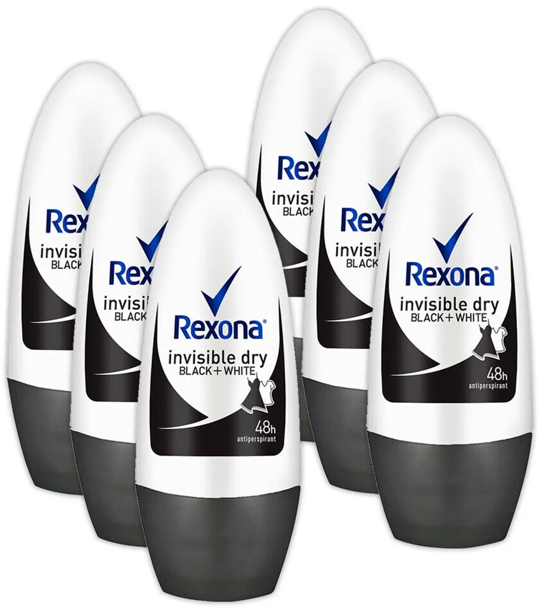 Rexona Deo Roll-on Invisible Black & White 50ml - 6 Stuks