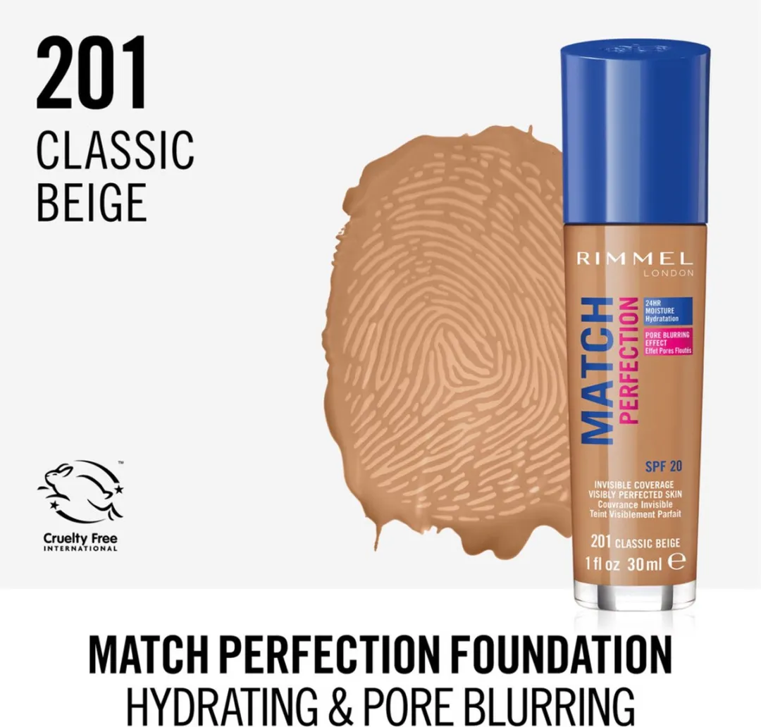 Rimmel London Match Perfection Foundation 201 Classic Beige - 30ml