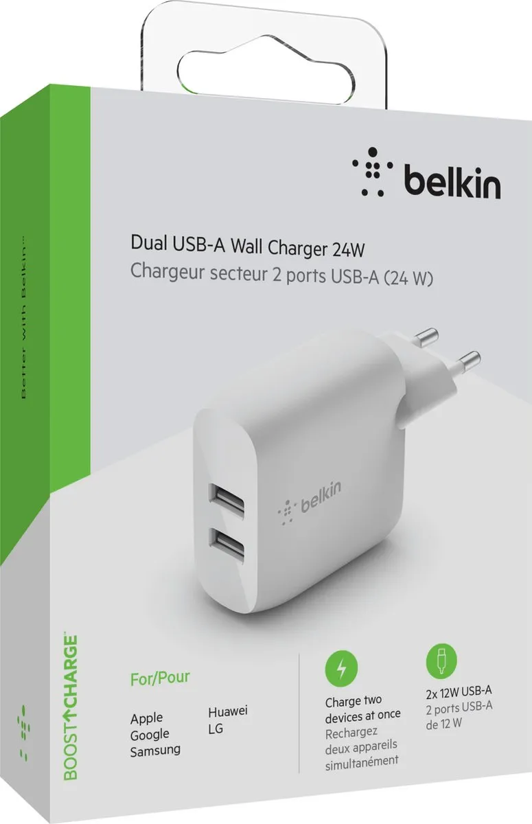 Belkin Boost Charge WCB002vfWH Oplader - 2x USB-A - 24W - Wit - afbeelding 6 van 6