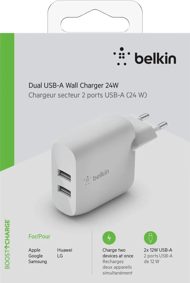Belkin Boost Charge WCB002vfWH Oplader - 2x USB-A - 24W - Wit