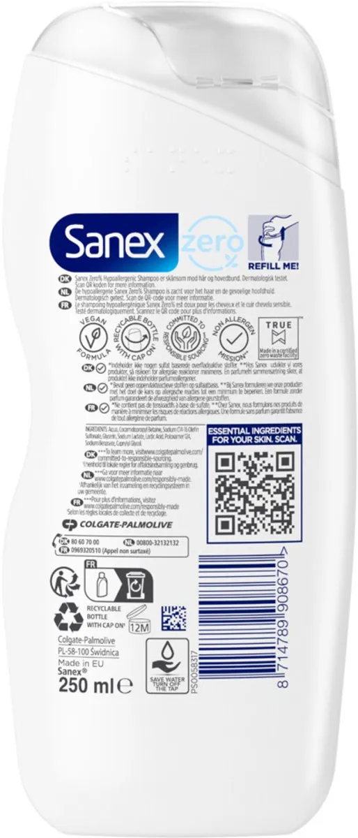 Sanex - Shampoo - Zero% Normal Hair - Milde Reiniging - 250 ml - 1 stuk