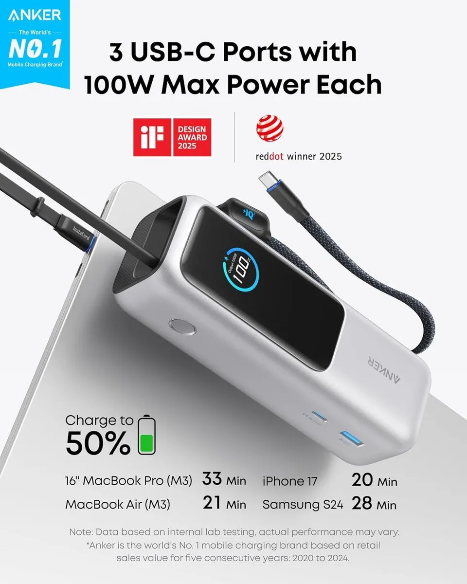 Anker PowerCore 25K Powerbank 165W - 3x USB-C - 25.000mAh Zilver