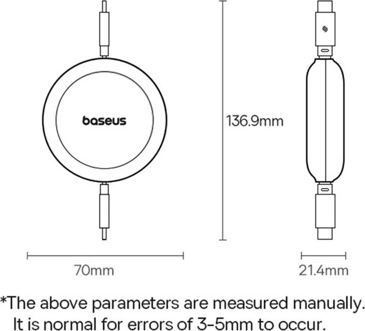Baseus Nomos Oprolbare USB-C Kabel 100W PD 1.5m - Zwart