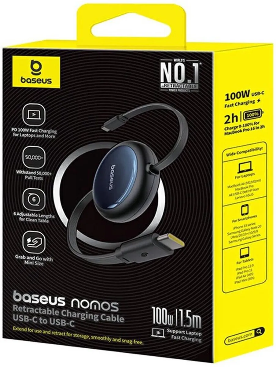 Baseus Nomos Oprolbare USB-C Kabel 100W PD 1.5m - Zwart