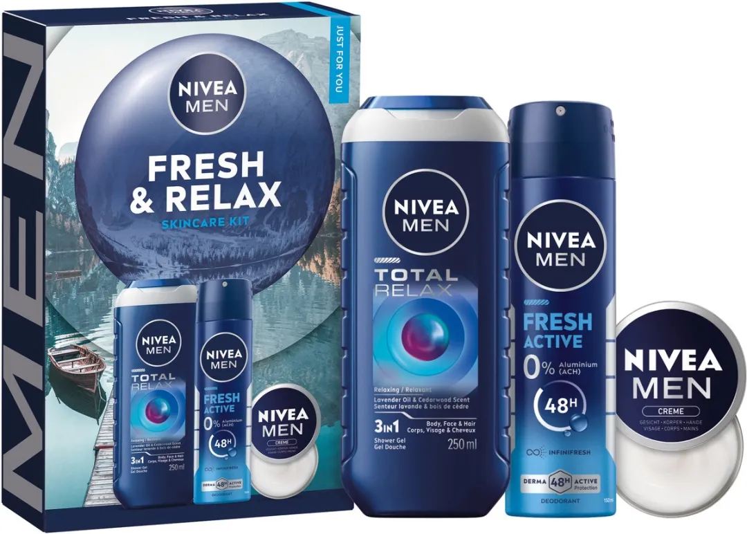 NIVEA MEN Fresh & Relax Geschenkset Mannen - Cadeauset met Douchegel, Deo en Crème - Verjaardag Man - Vaderdag cadeau
