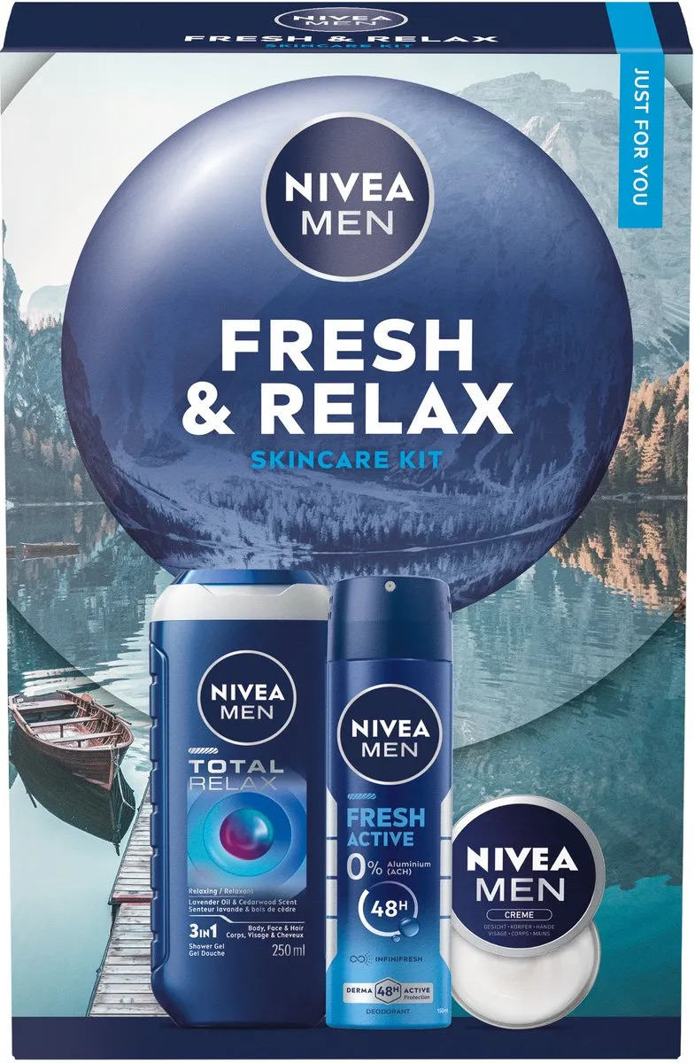 NIVEA MEN Fresh & Relax Geschenkset Mannen - Cadeauset met Douchegel, Deo en Crème - Verjaardag Man - Vaderdag cadeau