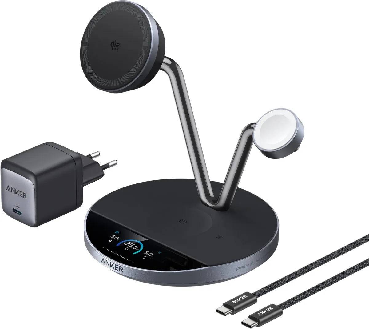 Anker Prime B25K4 MagSafe Oplaadstation 3-in-1 - 25W - Grijs/Zwart