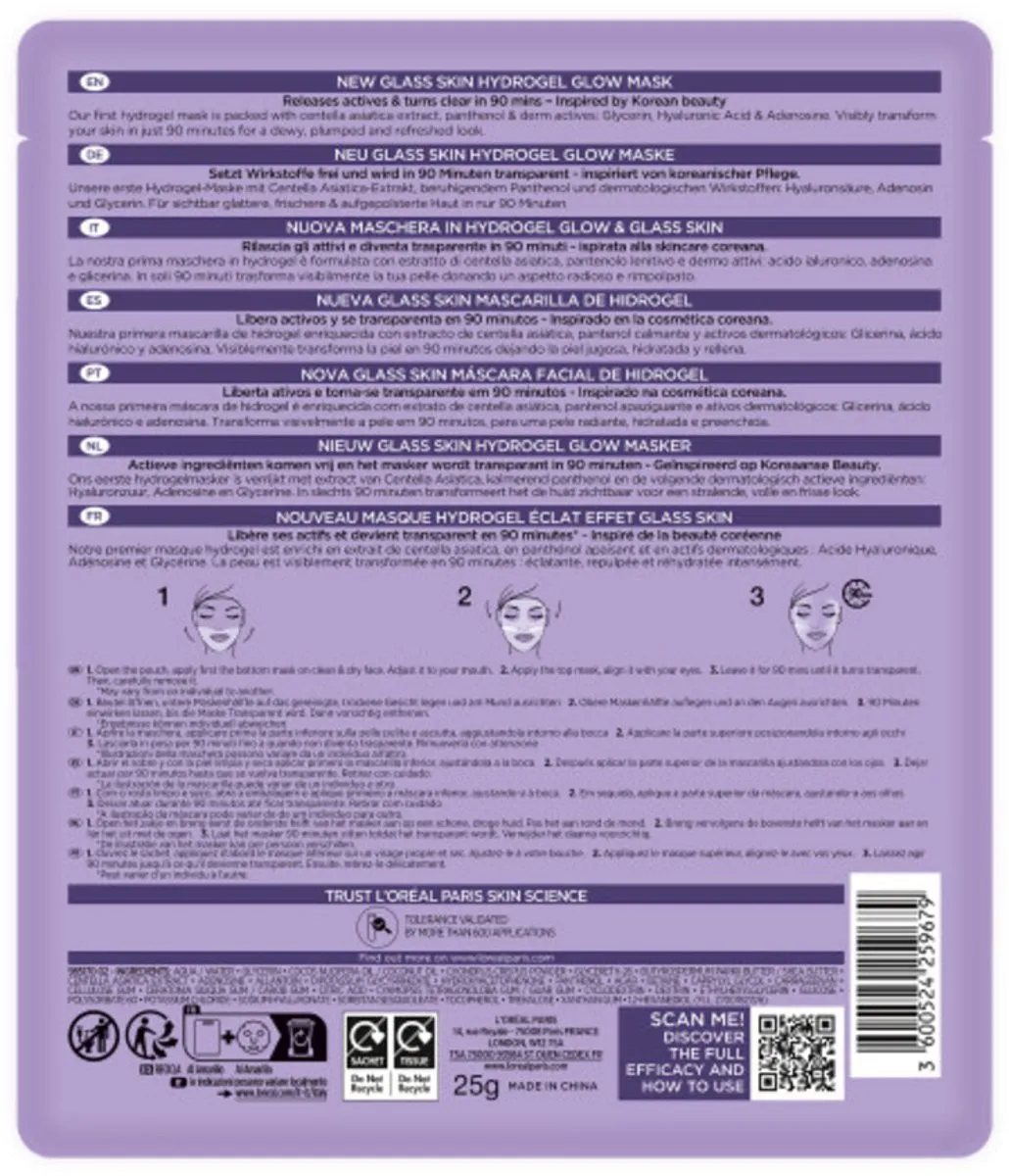 L'Oréal Paris Filler Glass Skin Hydrogel Glow Mask - 1 Stuk