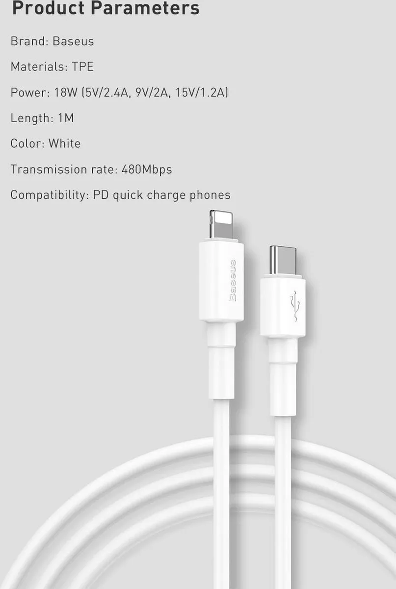 Baseus iPhone 12 USB-C naar Lightning Kabel 18W - Wit