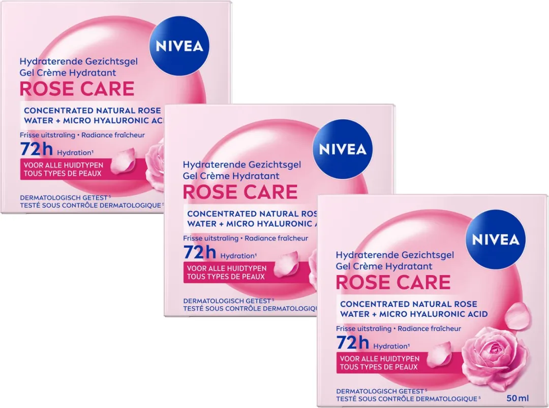 NIVEA Hydraterende Gezichtsgel Rose Care - Moisturizer met Rozenwater & Hyaluronzuur - Hydraterend Gel - 3x 50ml